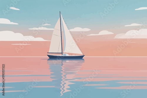 Sailboat on Calm Water with Pink Sunset Sky