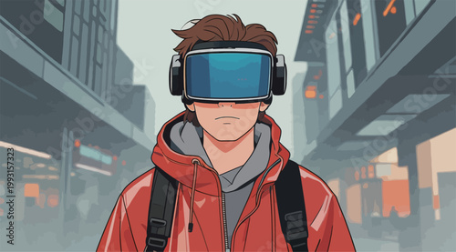 Young Person in VR Headset in Urban Setting