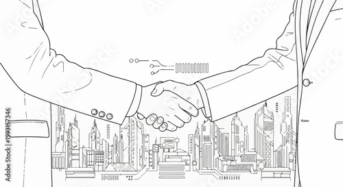 Business partners shake hands over a futuristic cityscape