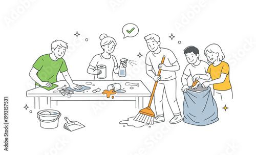 Food fight conflict resolution concept illustrating individuals addressing a messy incident and cooperating to clean and restore a shared environment after disruption,