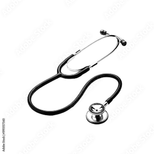 Monochrome halftone illustration of a stethoscope with flexible tubing and a chest piece. The instrument is partially shown, with the earpieces and diaphragm visible, rendered in a vintage dotted engr