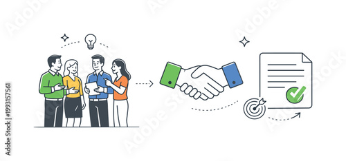 A partnership agreement context where collaborators align expectations and formalize cooperation, visualized by a small group gathered near a simple handshake and
