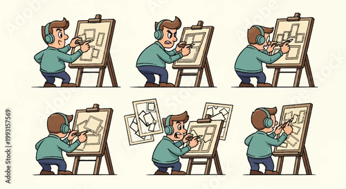 Cartoon artist creating illustrations on easel in various stages