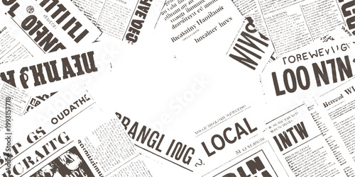 Overlapping vintage newspaper pages with bold headlines and fine print in brown and white text