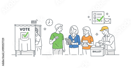 An election day environment where individuals cast their votes and follow structured procedures, illustrated by a small group gathered near a simple voting booth and
