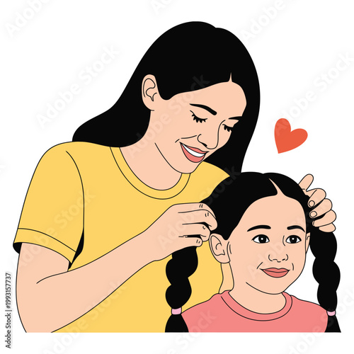 Mother braids daughter's hair, a heartwarming scene of maternal care and bond.