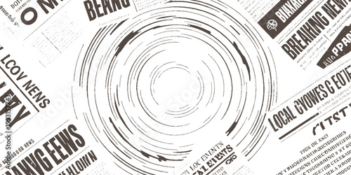 Overlapping newspaper headlines and text with a central circular ripple effect in brown and white articles