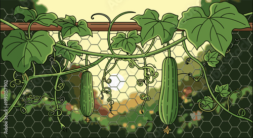 A climbing vine with gourds hangs over a hexagonal mesh fence at sunset