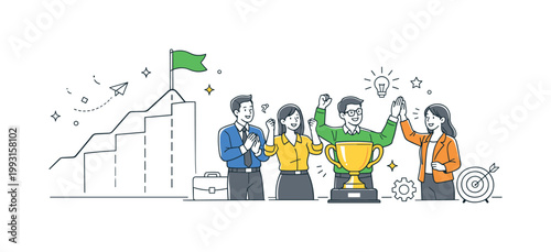 Professional achievement in a business environment where a team successfully reaches a major milestone together, represented by a flag placed at the top of a simple