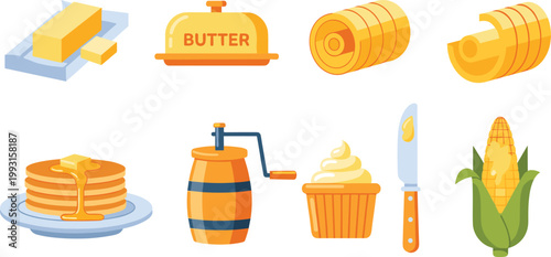 French Patisserie and Artisan Bakery Vector Icon Set Featuring Butter Croissant, Fruit Tart, Chocolate Eclair, Baguette, Rolling Pin, and Baker's Hat