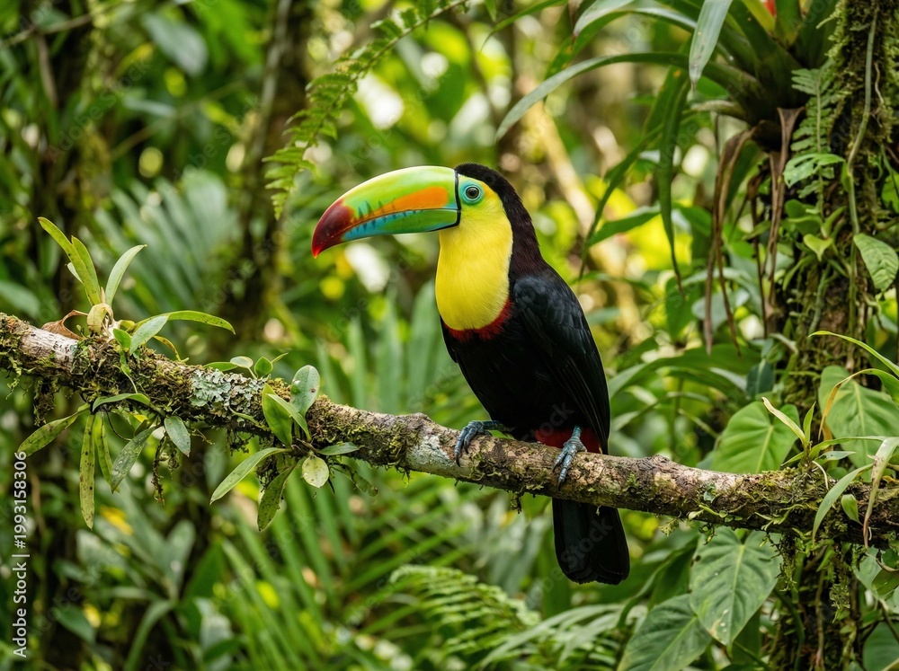 Fototapeta premium Toucan perched on branch with large colorful beak in jungle