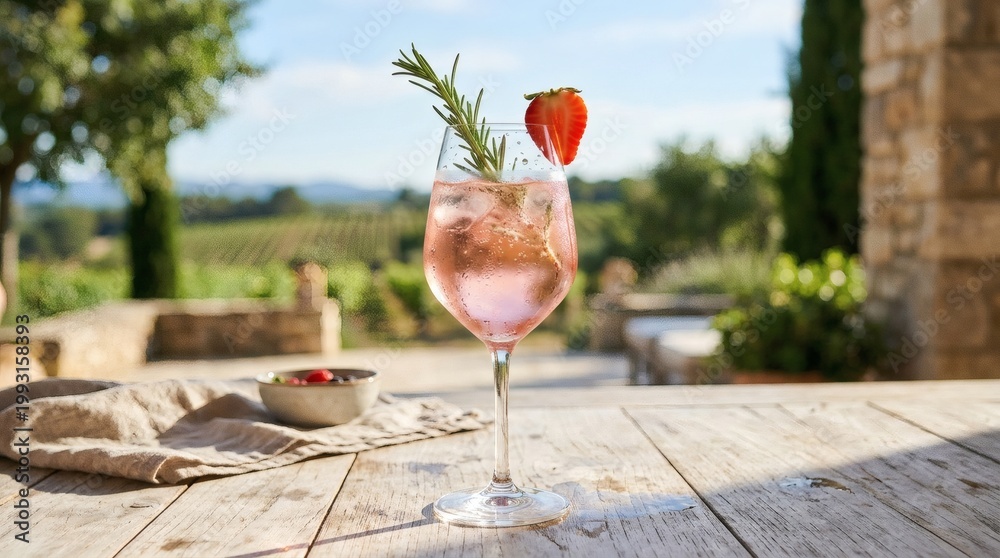 Fototapeta premium Pink Gin Tonic Cocktail with Rosemary and Strawberry on a Wooden Table in a Vineyard.