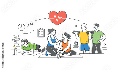 Fitness training healthy lifestyle concept featuring individuals following a structured exercise routine with professional support, using a yoga mat and a single heart