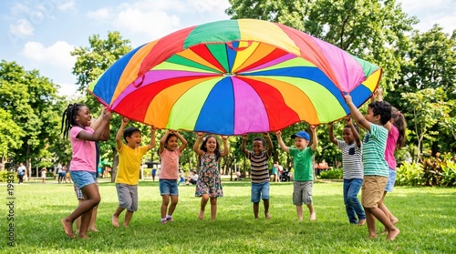 Children playing with colorful parachutes in a group outdoor activity at a park.