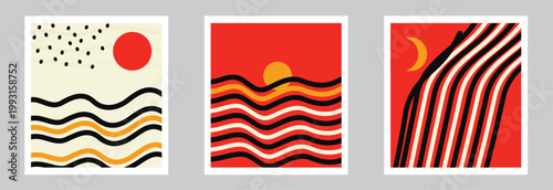 Abstract Mid-Century Modern Landscape Art Prints with Geometric Shapes and Wavy Lines, Minimalist Wall Decor