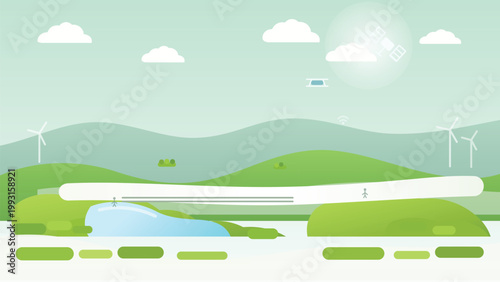 Stylized green energy landscape illustration featuring wind turbines and a serene environment, symbolizing a sustainable future