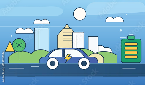 Illustration of an electric vehicle charging in a city with a battery icon on the side, representing sustainable transport and green energy