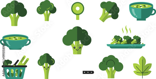 Fresh Broccoli Harvest and Healthy Greens Vector Icon Set Featuring Broccoli Florets, Cute Character Broccoli, Vegetable Soup, Shopping Basket, and Steamed Greens