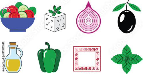 Greek Salad and Mediterranean Ingredients Vector Icon Set Featuring Feta Cheese, Black Olive, Red Onion, Olive Oil, Green Bell Pepper, and Mint