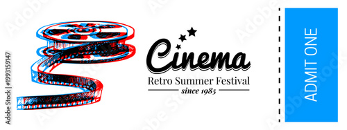 Sketch reel, retro cinema ticket design. Movie background. Film studio, streaming platform, tv concept. Hand drawn isolated vector illustration.