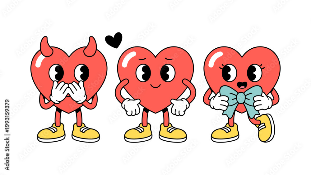 Fototapeta premium Retro cartoon heart characters with devil horns and shy expressions in vintage rubber hose animation style for valentines day greeting cards and social media graphics