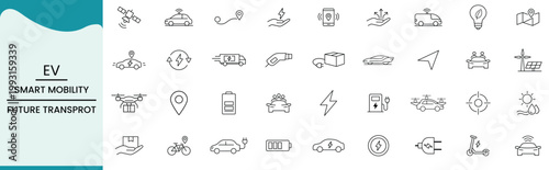 Electric vehicle and smart mobility line icons set vector illustration of sustainable transport, charging stations, autonomous cars, and ecofriendly technology