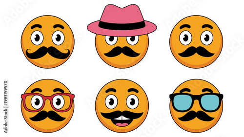 Collection of dapper mustache emojis with various accessories including monocle hat glasses