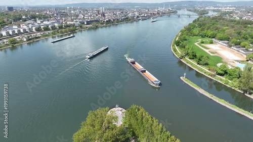 Industrial ship on River Rhine - aerial view