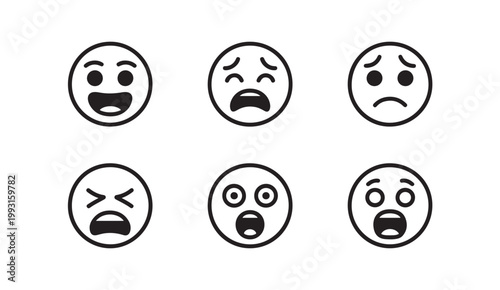 Set of minimalist outline emoji face icons representing various human emotions and moods.