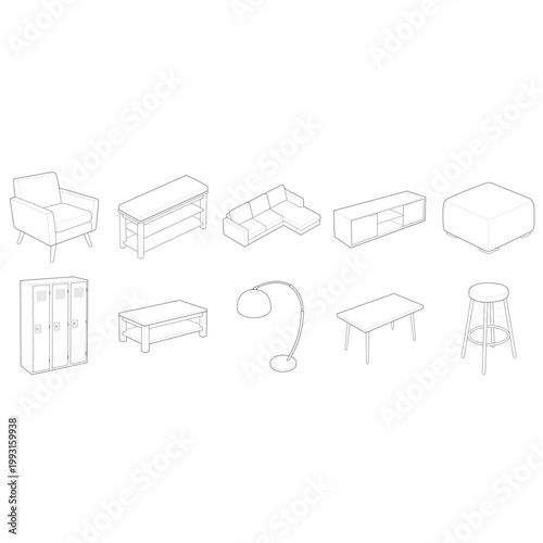 Isometric 10 piece loft ffe bundle and vector sectional sofa linear drawing