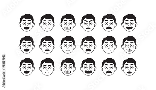 Collection of cartoon male character face icons showing different facial expressions set.