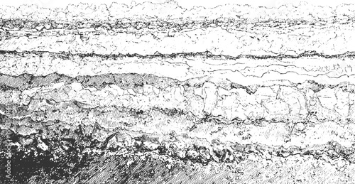 Black and white textured abstract horizontal bands with rough edges and varying line patterns