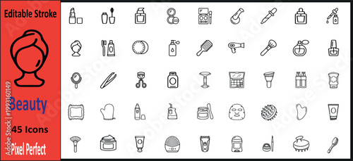 Beauty Icons Pack, 45 Editable Stroke Icons for Makeup, Skincare, Cosmetics, and Wellness Industry