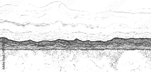 Abstract textured horizontal bands of black ink lines and dots on white background