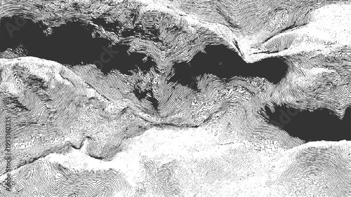 Topographic contour lines depicting mountainous terrain with dark valleys and textured slopes in monochrome