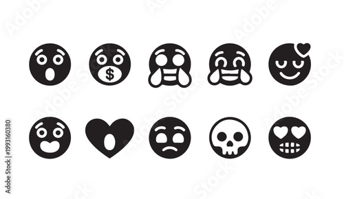 Diverse emoticon collection featuring unique shapes and creative character facial expressions.