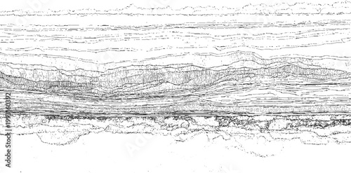 Black and white abstract representation of layered geological strata with textured lines and irregular shapes