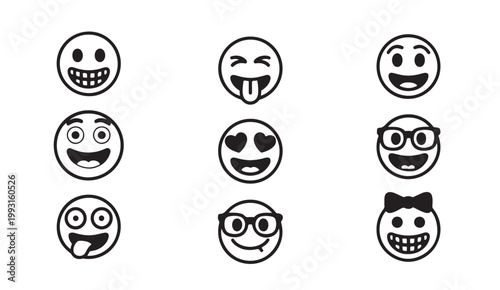 Set of 9 black and white line art emoji faces depicting various expressions on transparent background.