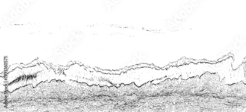 Black and white abstract representation of geological strata or seismic data with layered textures and wavy lines