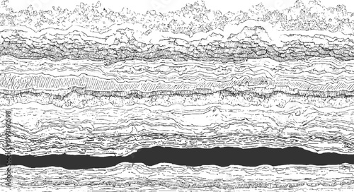 Abstract black and white layered geological strata with textured bands and dark central void monochrome