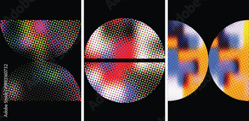 Vibrant halftone dots pattern on black background with colorful geometric shapes
