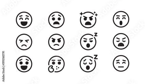 Collection of diverse emoticons showing various negative and positive emotions on transparent background.