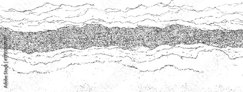 Black and white abstract textured horizontal bands with rough edges and granular middle section