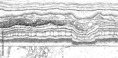 Detailed cross section of geological strata showing layers of sediment and rock formations with varying textures and patterns