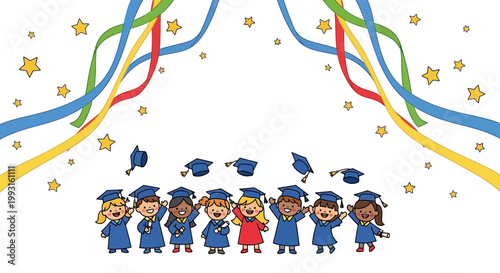 Happy diverse children in graduation gowns throwing caps and confetti celebrating achievement