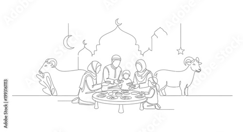 Muslim Family Celebrating Eid al-Adha with Sacrifice and Feast - Line Art