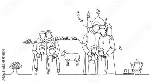 Muslim Family Celebrating Eid al-Adha: Traditional Gathering, Mosque, Goat, Food