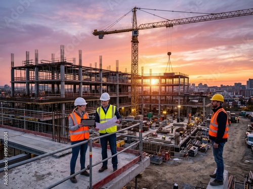 Engineers and workers on a construction site with a crane and structure under construction.