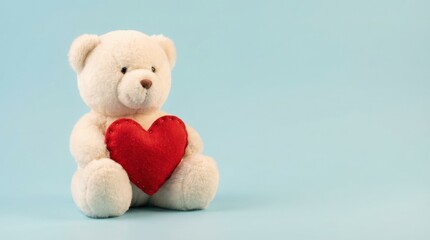 Cute white teddy bear holding red heart on blue background, sweet love and Valentine's concept with playful minimal studio styling, soft light, realistic detail, no logos