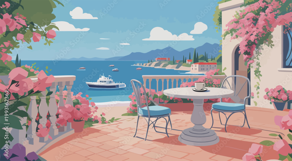 Obraz premium Seaside Balcony with Flowers and Table